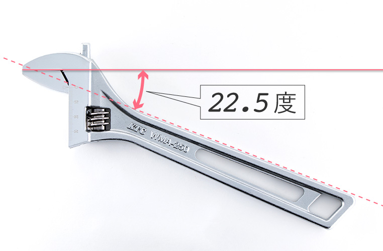 モンキーレンチの口径部には、柄に対して22.5度の角度が付いている