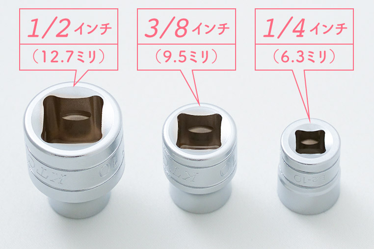 口径サイズ10ミリのソケットで、差込角1/2インチ、3/8インチ、1/4インチの違いを比較