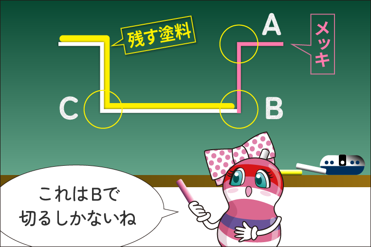 メッキパーツの周囲に溝があるパーツをどこで塗り分けるか、を図解