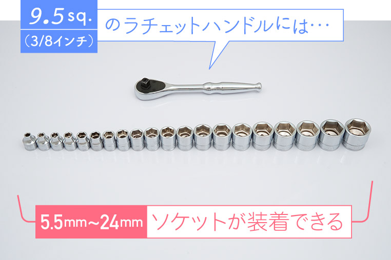 9.5sq.(3/8インチ）のラチェットハンドルに装着できる5.5mm～24mmのソケット