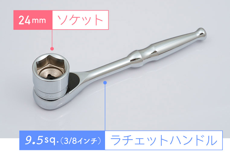 9.5sq.(3/8インチ）ラチェットハンドルと24ミリソケットの組み合わせ