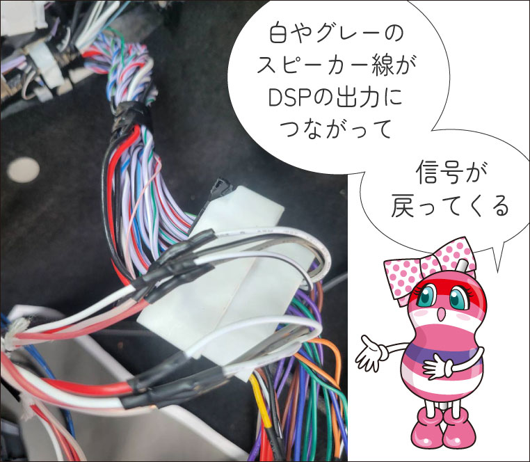 車両側(スピーカー側)の配線は、DSPの出力につなぐ