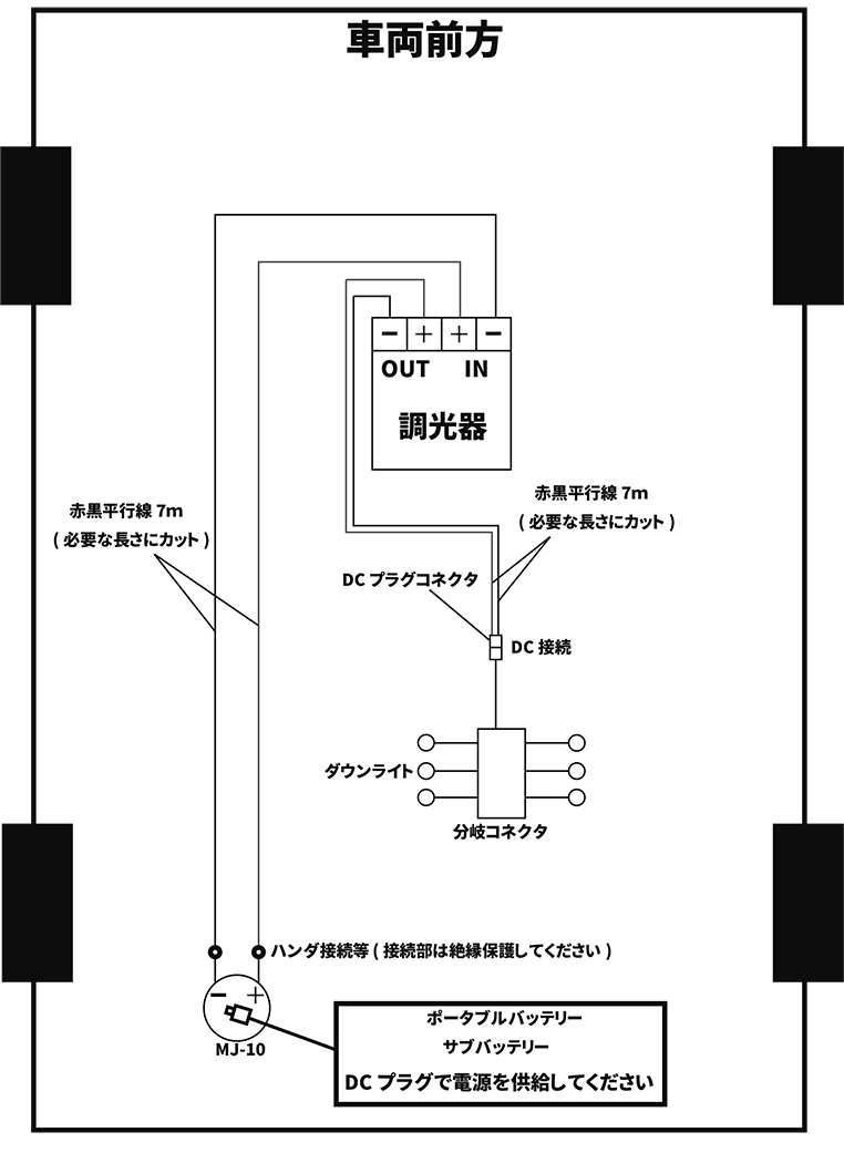 外部電源でLEDダウンライトを光らせる配線図　ボリューム調光器を使う場合