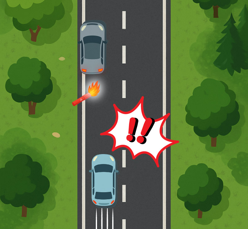 緊急停止している車両のハザードランプと発炎筒