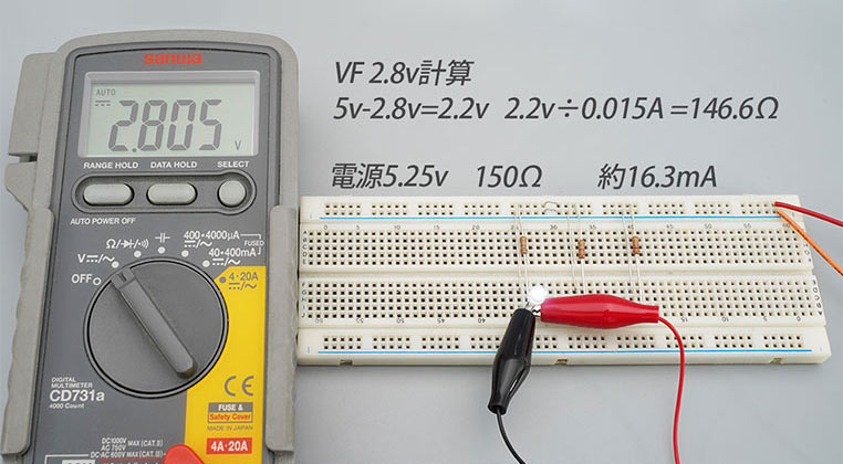 Vfが「2.8～3.2V」と表記されているLEDで、Vf2.8Vとして抵抗計算した場合