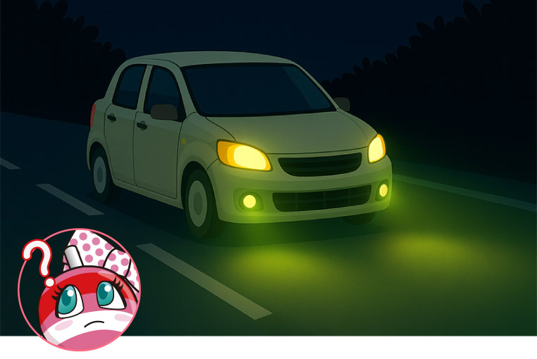 ライムイエローまたはライムグリーンと呼ばれる黄緑色の爆光フォグランプ車