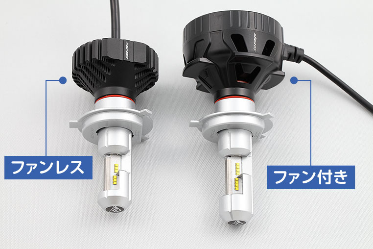 LEDヘッドライト　ファン付きとファンレスの比較