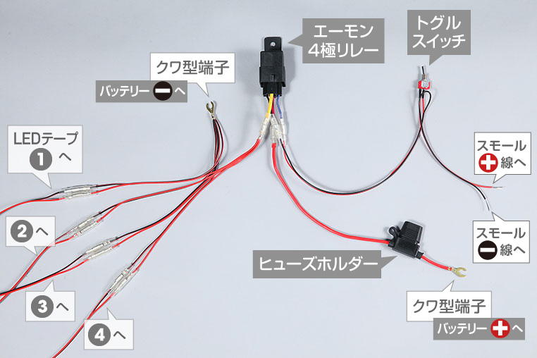 LEDテープの電源をバッテリーから直接取る場合の配線図