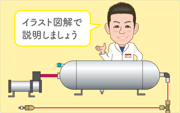 エアサスタンク＆コンプレッサーと、タイソン研究員（ACC）