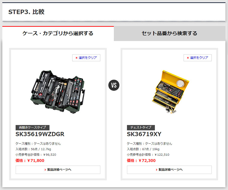 KTC公式サイトの工具セット比較シミュレーション