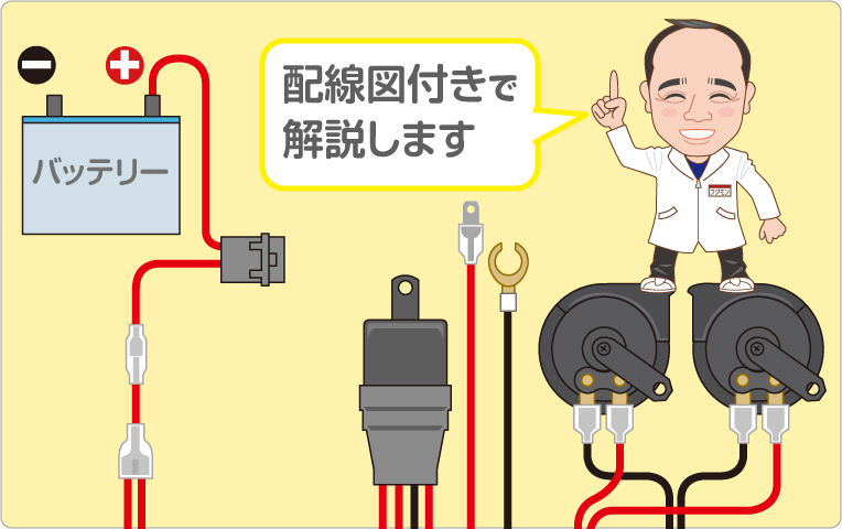 ホーンをバッ直で取り付けた配線図を解説する藤本研究員