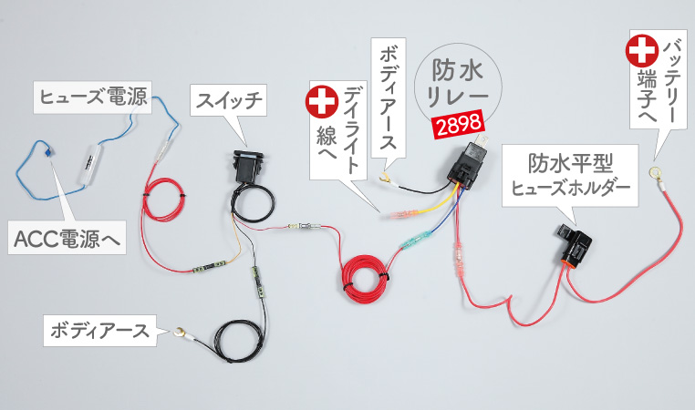 デイライトにスイッチを取り付けるときの配線図（全体）